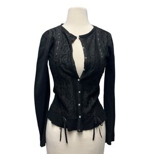 Charlotte Tarantola Y2K Black Lace Cardigan Rhinestone Hong Kong Whimsigoth Bows